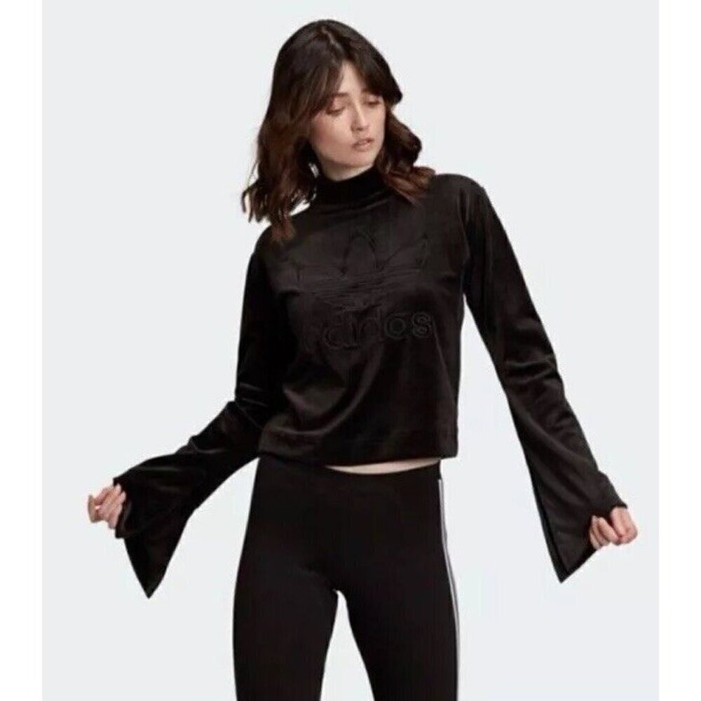 Adidas Woman's Sz M Bellista Sweater Black Velvet Trefoil Logo Flared Long Slvs